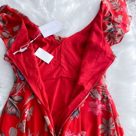 WAYF Chelsea Tiered Ruffle Maxi Dress Red Tropical Flutter Sleeves Floral NEW 1X - Picture 11 of 16